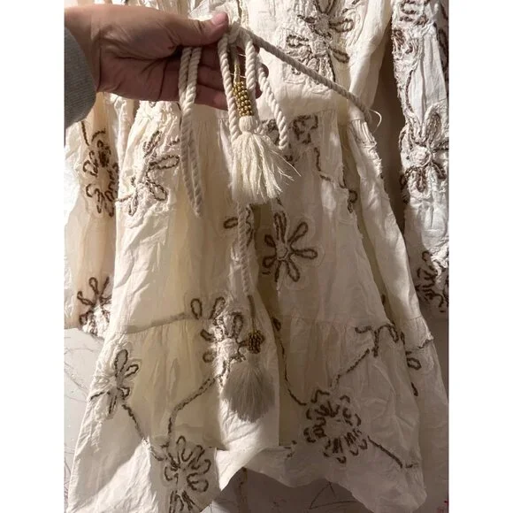 Camellia Embroidered 3D Floral Cottage Mini Dress Women Medium Cream Puff Sleeve - Picture 7 of 16